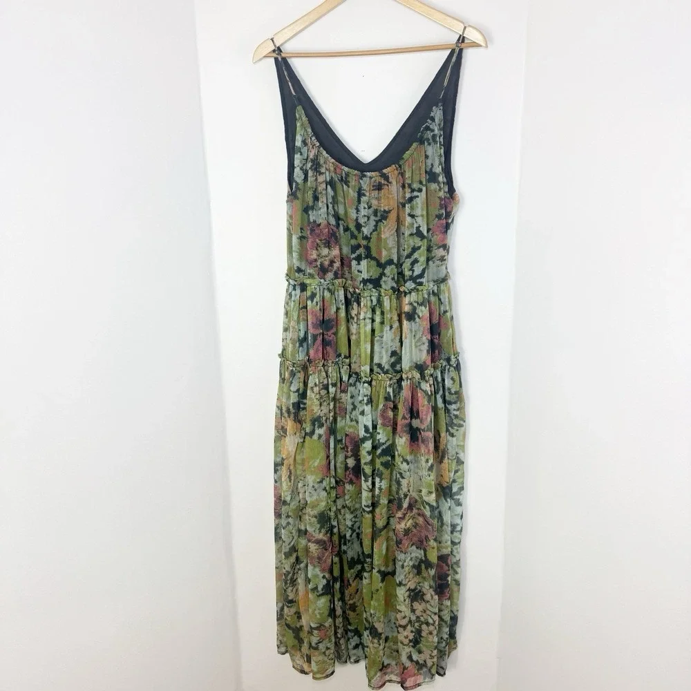 Free People Julianna Maxi Dress M Floral Chiffon Green Tiered Boho Fairy Whimsy - Picture 5 of 16